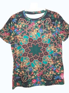 Boho Floral Mandala Print Short Sleeve Top – Green Multicolor